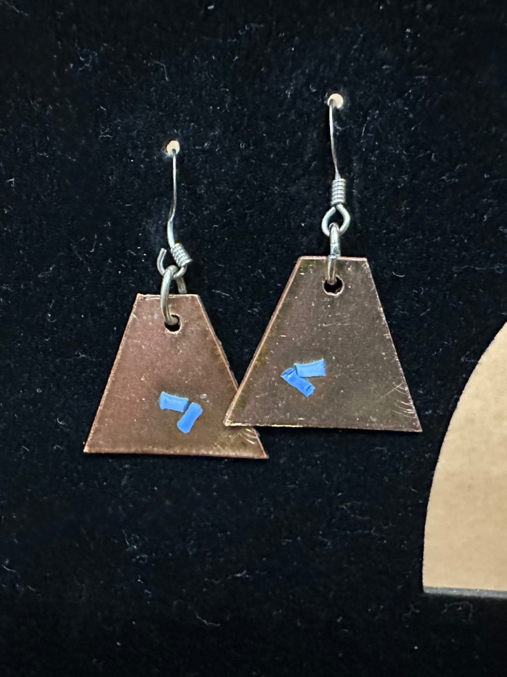 Boho Triangular Copper-like Earrings w/ Small Blue Bead Inlay